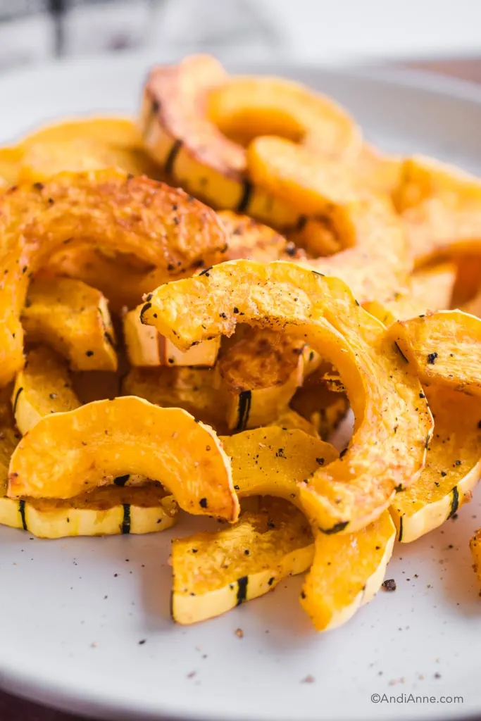 close up of sliced roasted delicata squash on a white plate