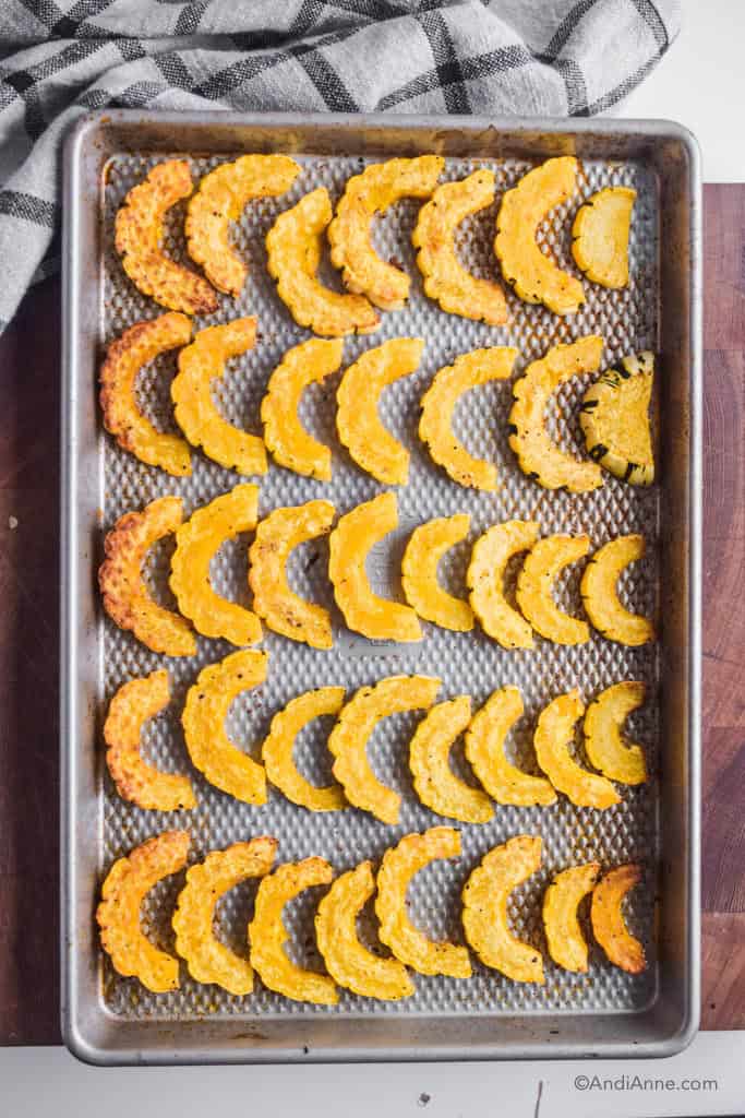 baked delicata squash on a baking sheet