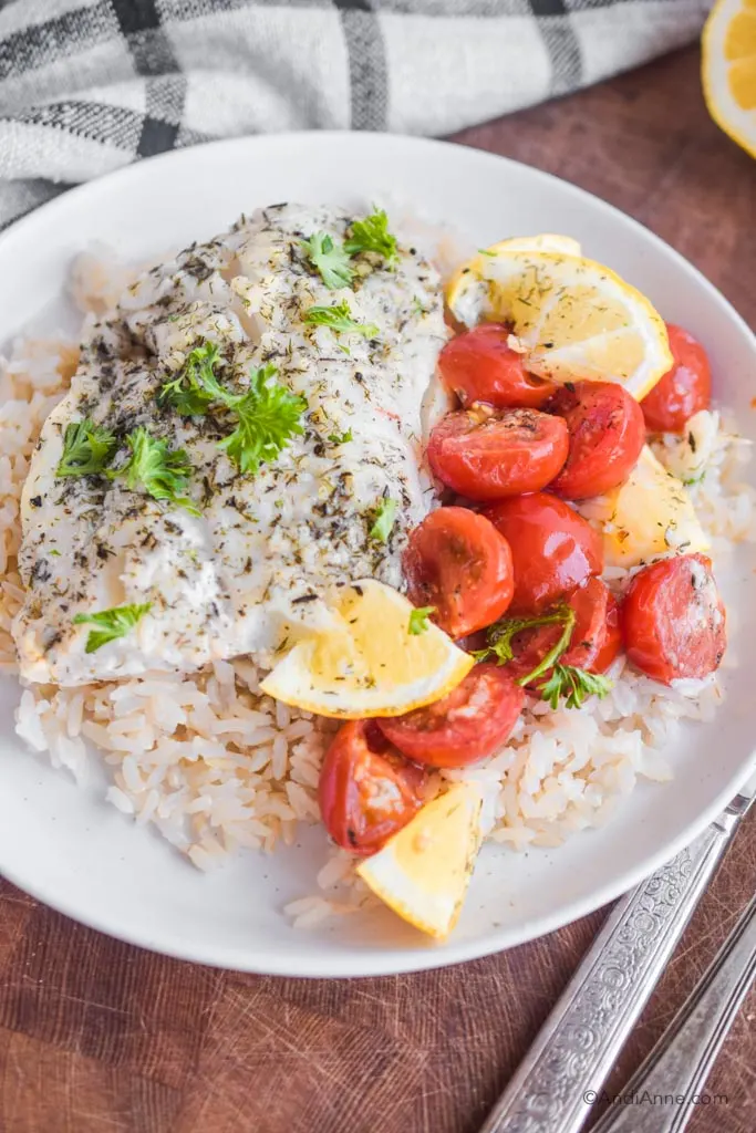 Close up of cod, tomatoes, lemon on top of rice on a white plate.