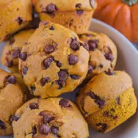 A pile of pumpkin chocolate chip muffins in a bowl.