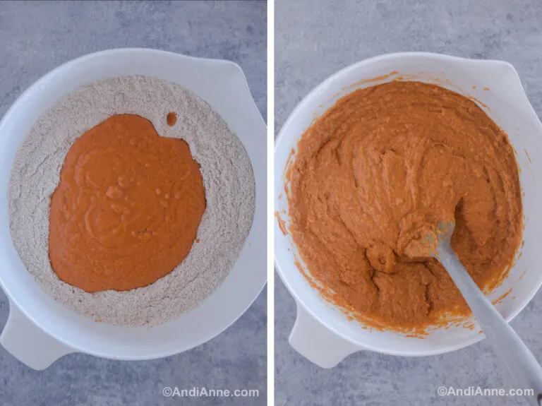 Two images of a white bowl. First with wet ingredients poured into center of dry ingredients. Second is wet orange batter and a spatula.