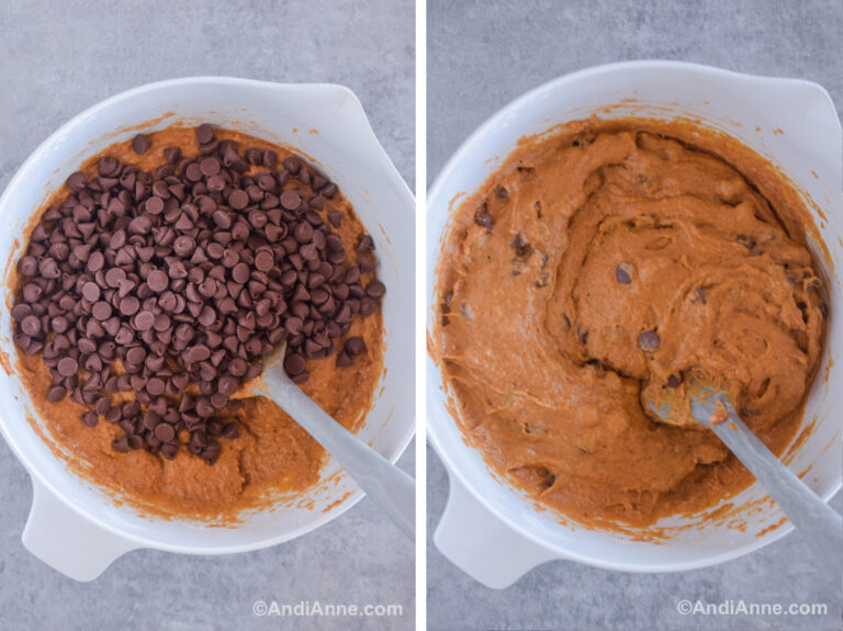 Two images of a white bowl. First has chocolate chips dumped over batter. Second has chocolate chips mixed into wet batter.