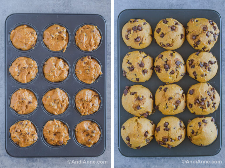 Two images of a muffin pan. First has wet batter. Second is baked pumpkin chocolate chip muffins.