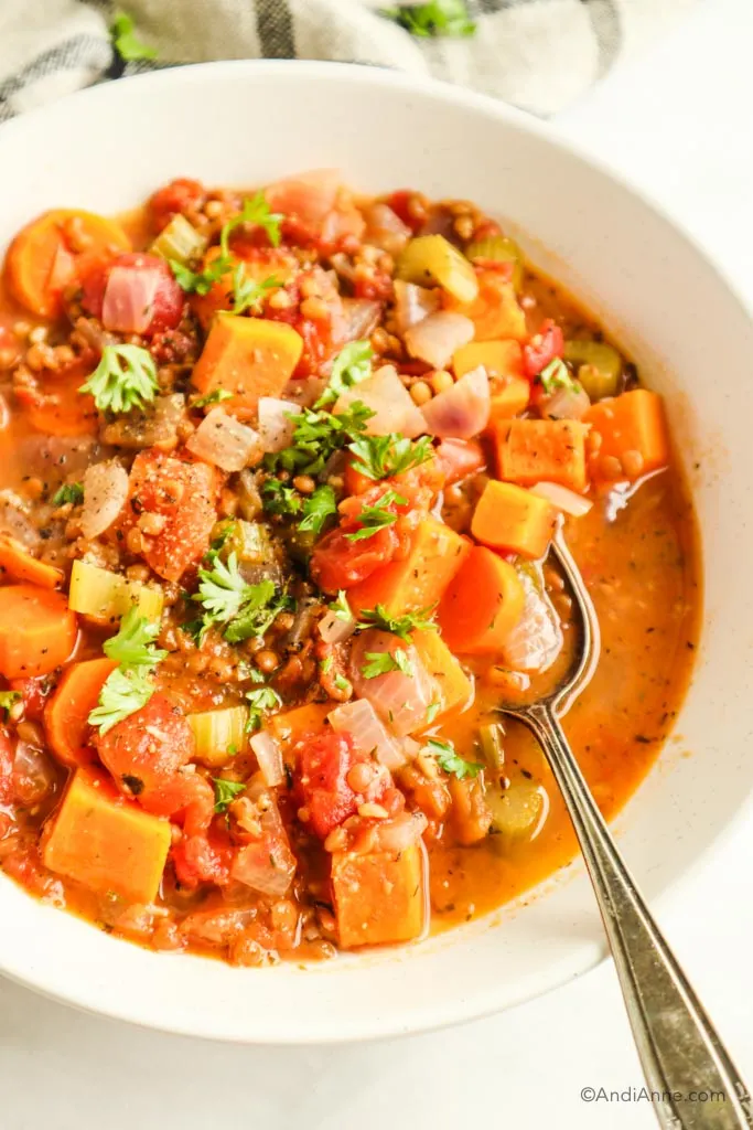 close up of sweet potato soup with carrots and lentils in a white bowl with spoon