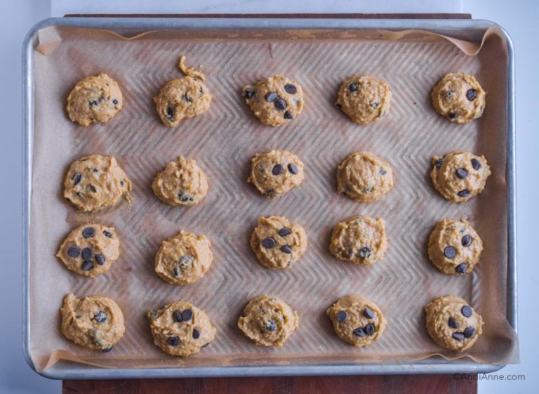 raw cookies on large baking sheet before cooking.