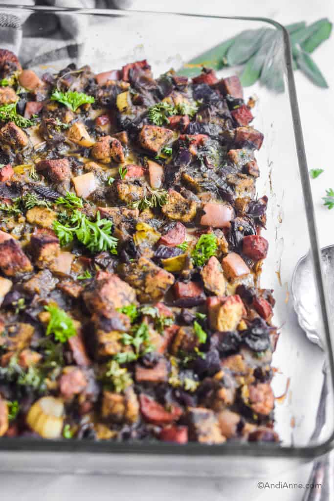 Side angle of keto stuffing in the glass casserole dish