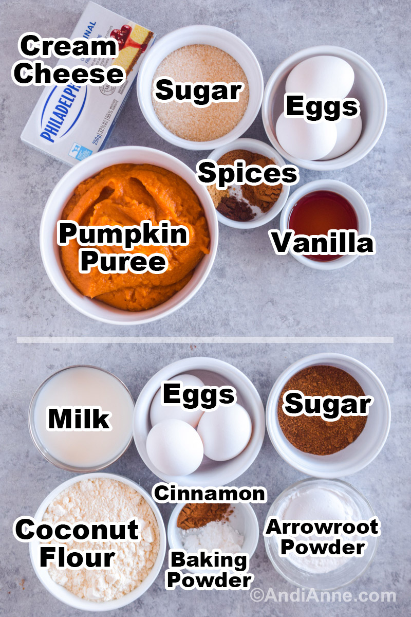 recipe ingredients on the counter including bowls of pumpkin puree, sugar, eggs, spices, vanilla, flour, sugar, milk and cream cheese.