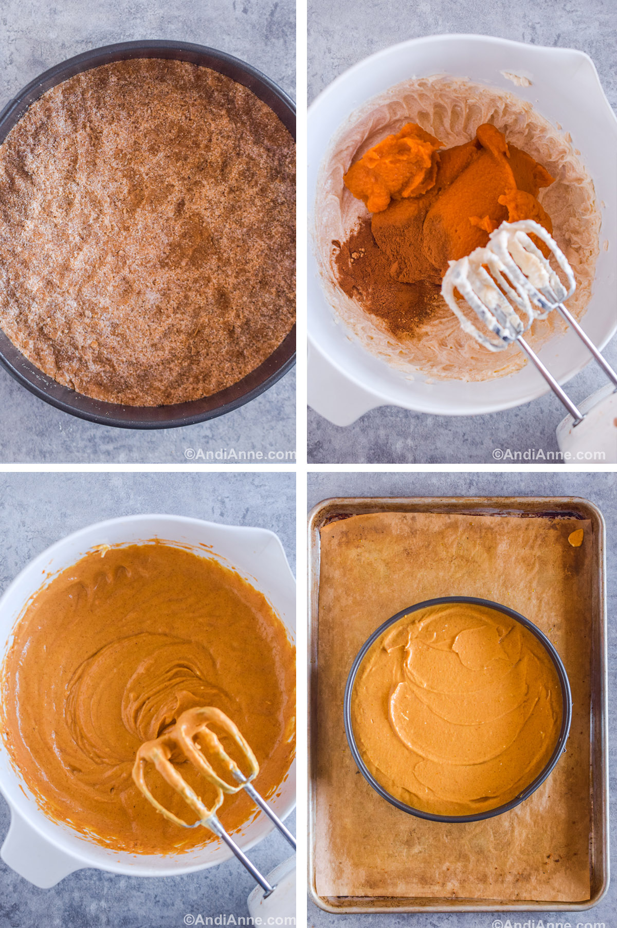 Four images showing steps to make recipe. First is a crust in a springform pan. Second is pumpkin puree and spices on top of creamed cheese in a bowl with a hand mixer. Third is the pumpkin cheesecake filling with a hand mixer. Fourth is a springform pan with unbaked cheesecake on top of a baking sheet.