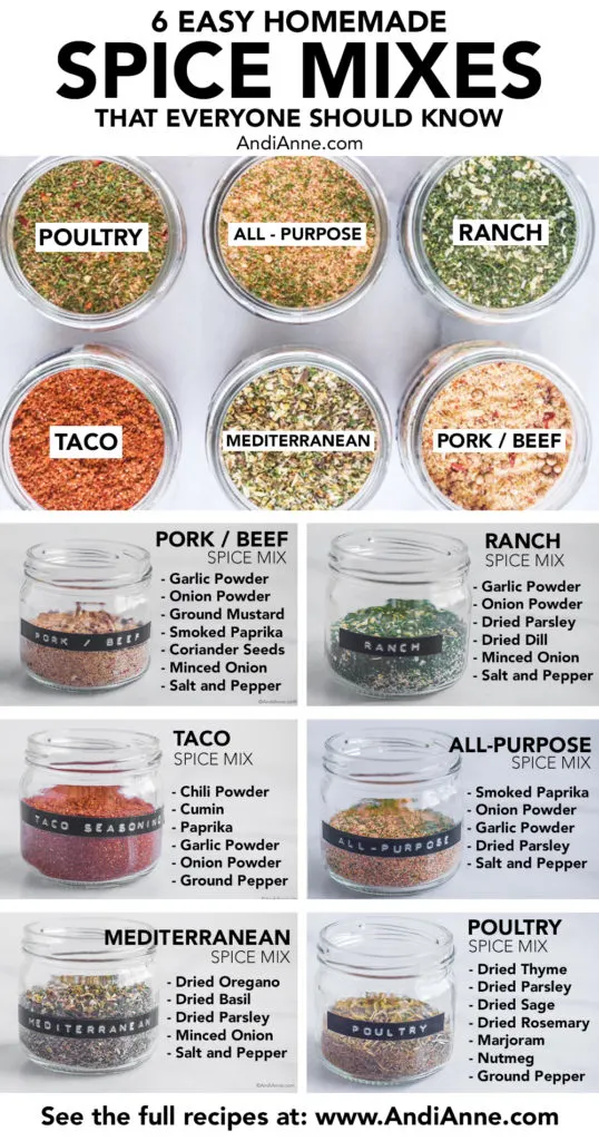 homemade spice blends in glass jars and white background with each spice ingredient written out beside them.