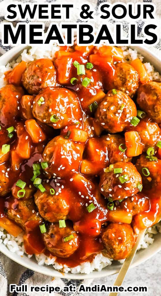 Sweet and sour meatballs on a bed of rice.