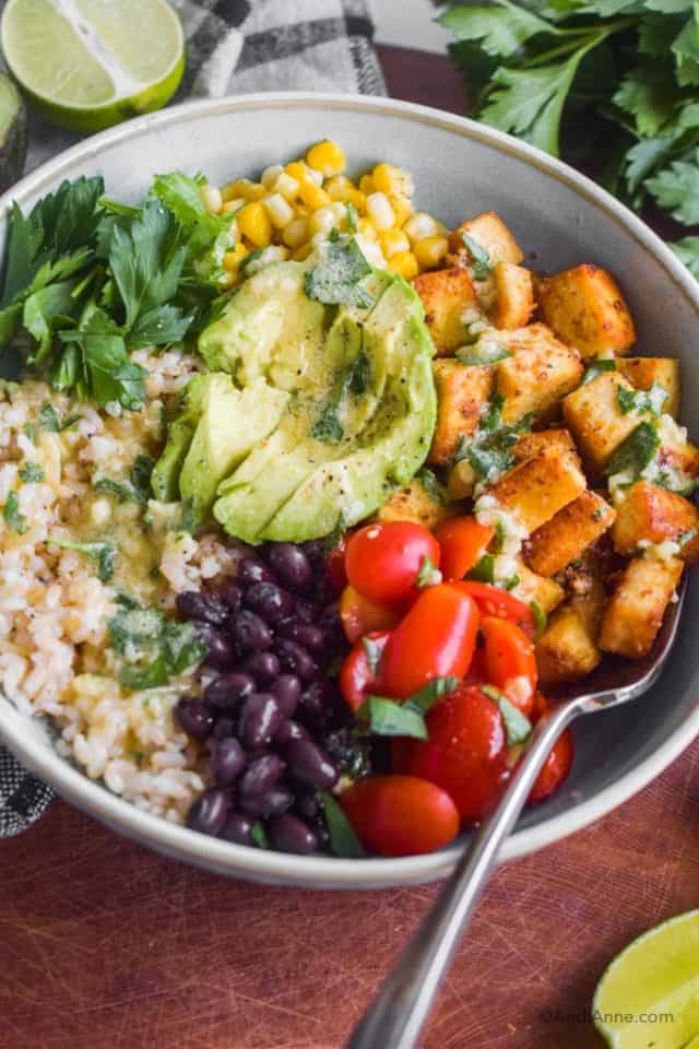 Crispy Tofu Burrito Bowl With Lime Dressing Andi Anne