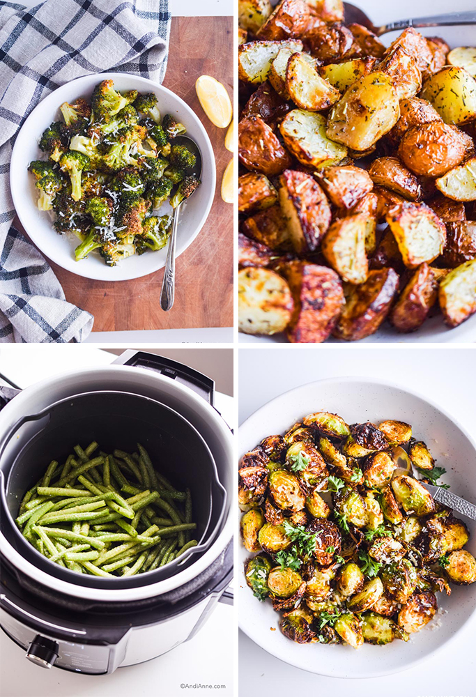 four air fryer recipes: parmesan broccoli, crispy potatoes, green beans, and crispy brussels sprouts