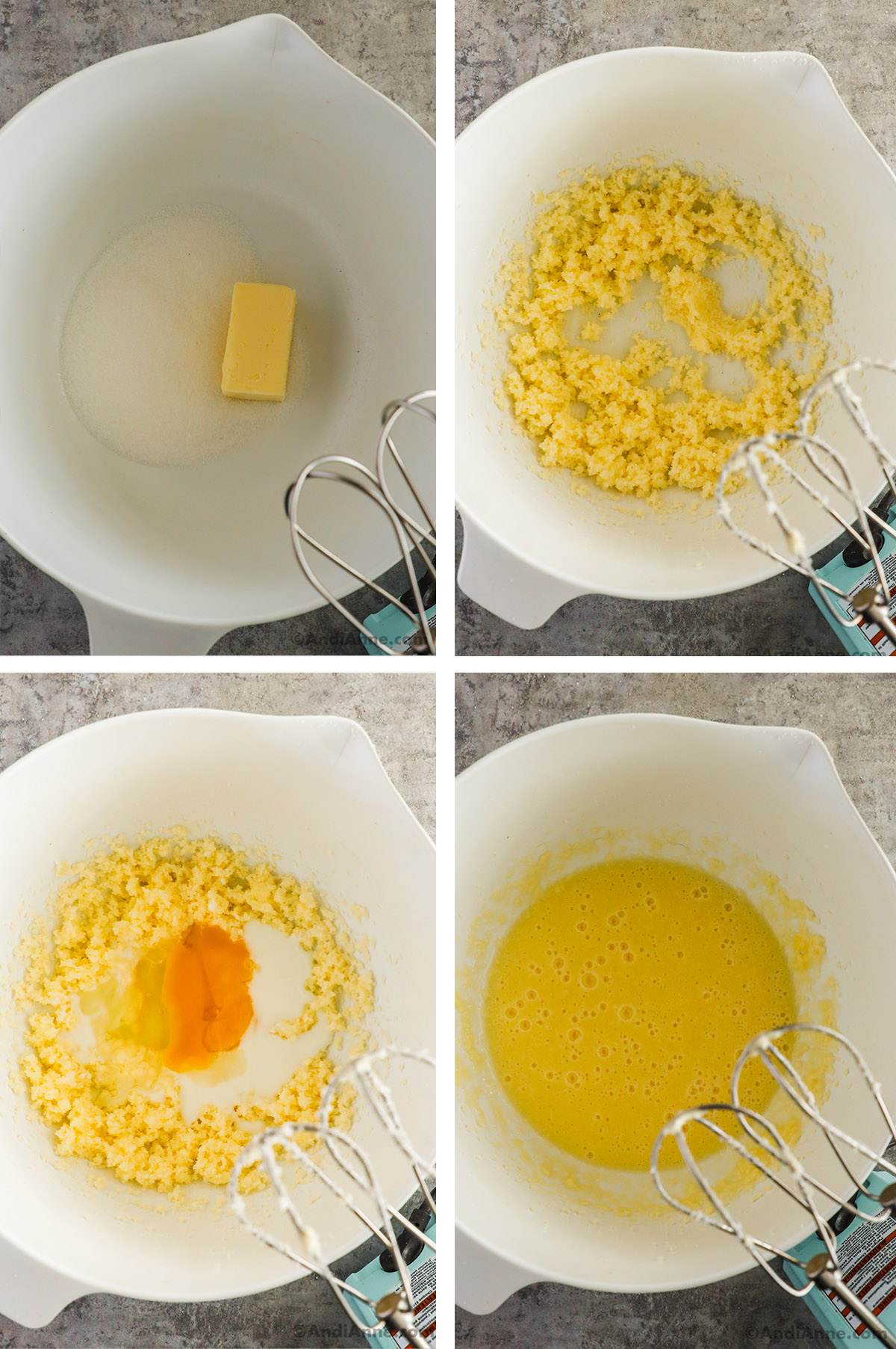 Four images of a bowl. First is butter and sugar. Second is creamed butter, third has eggs and milk dumped in. Fourth is a yellow liquid all blended together.