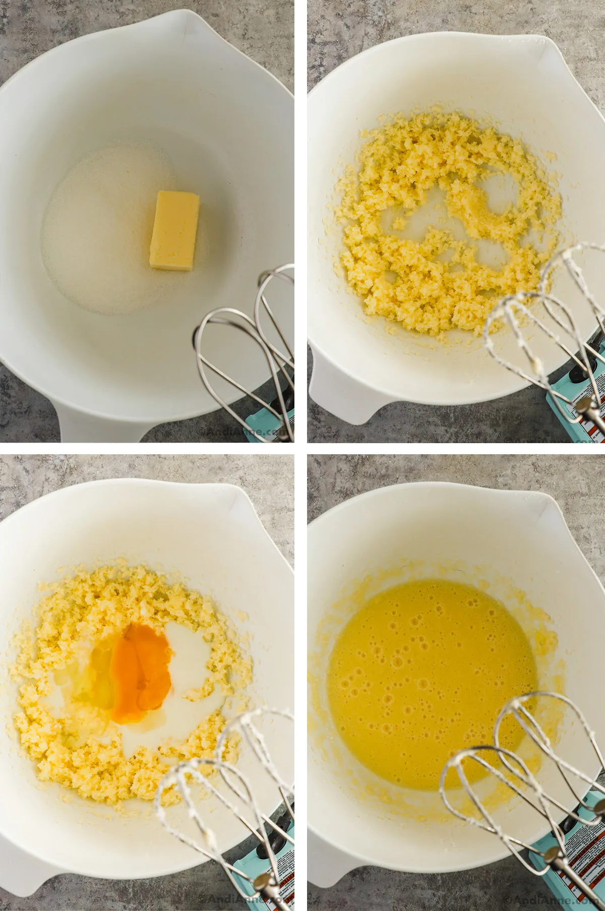 Four images of a bowl. First is butter and sugar. Second is creamed butter, third has eggs and milk dumped in. Fourth is a yellow liquid all blended together.