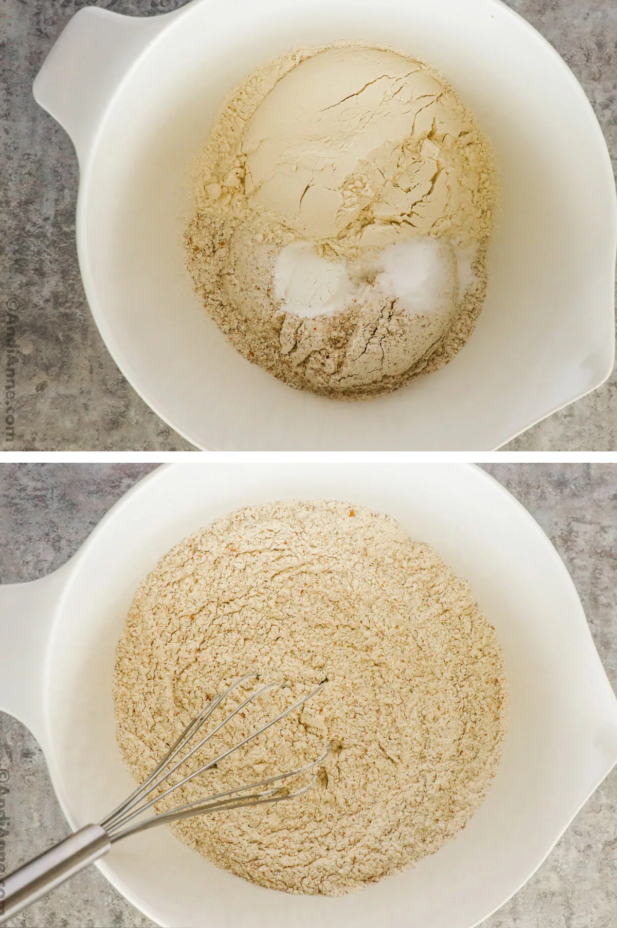two bowls with dry ingredients and a whisk.