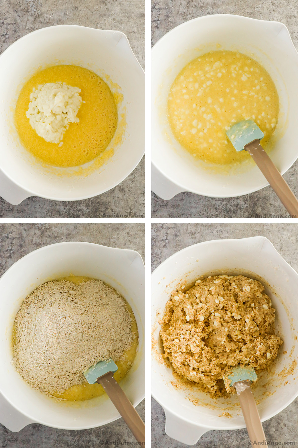 Four images, first is yellow liquid with cottage cheese dumped on top. Second is cottage cheese mixed in. Third is dry ingredients dumped over top. Fourth is all ingredients mixed together.