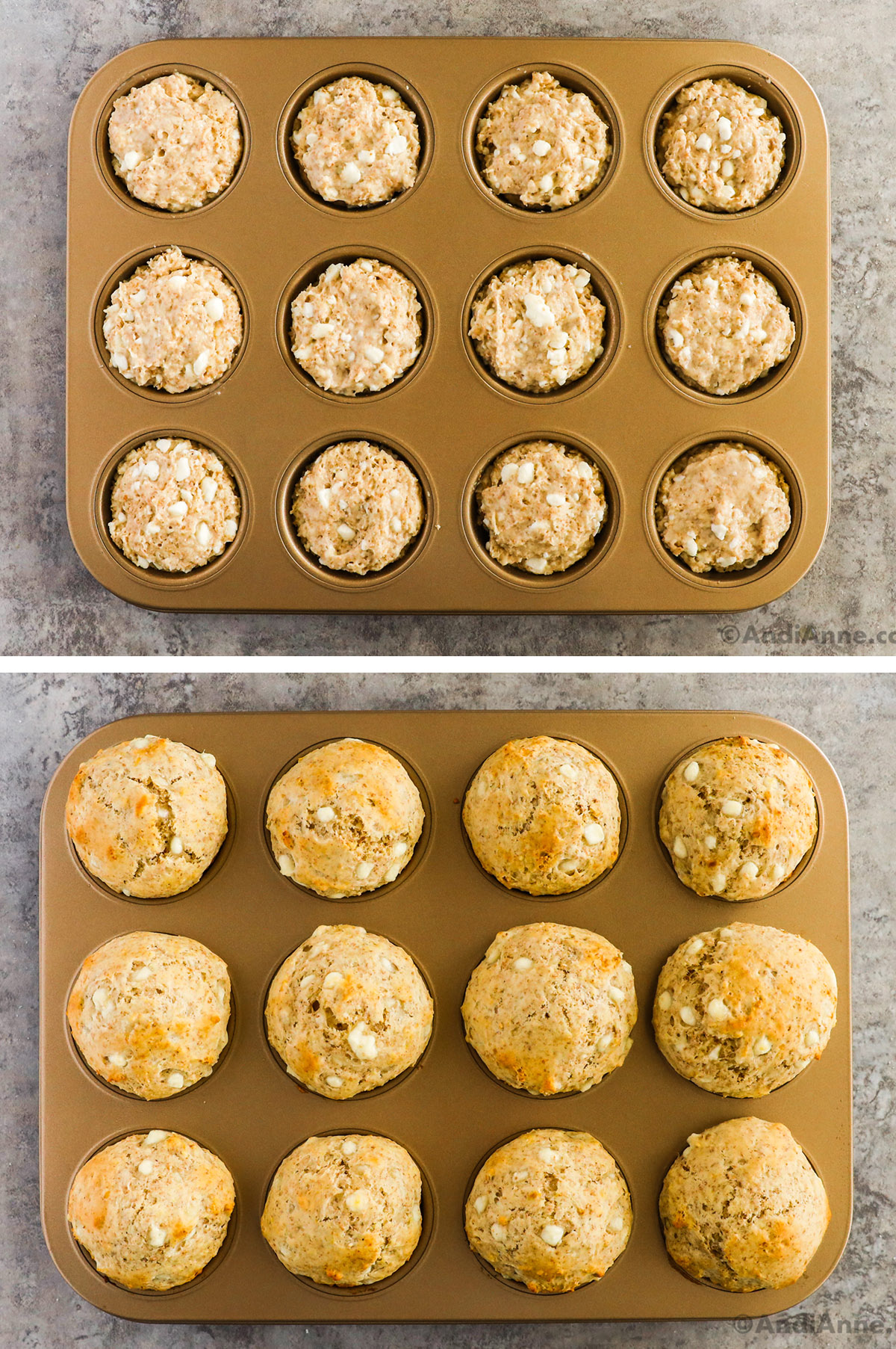 A muffin pan with cottage cheese muffins inside. First unbaked, then second image is baked