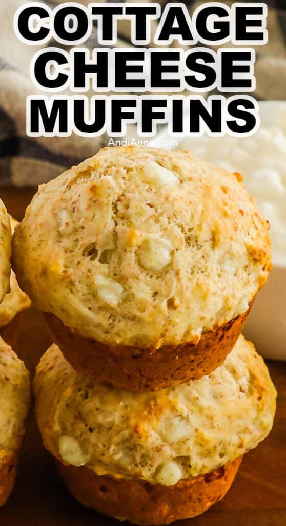 A stack of cottage cheese muffins with bowl of cottage cheese in background