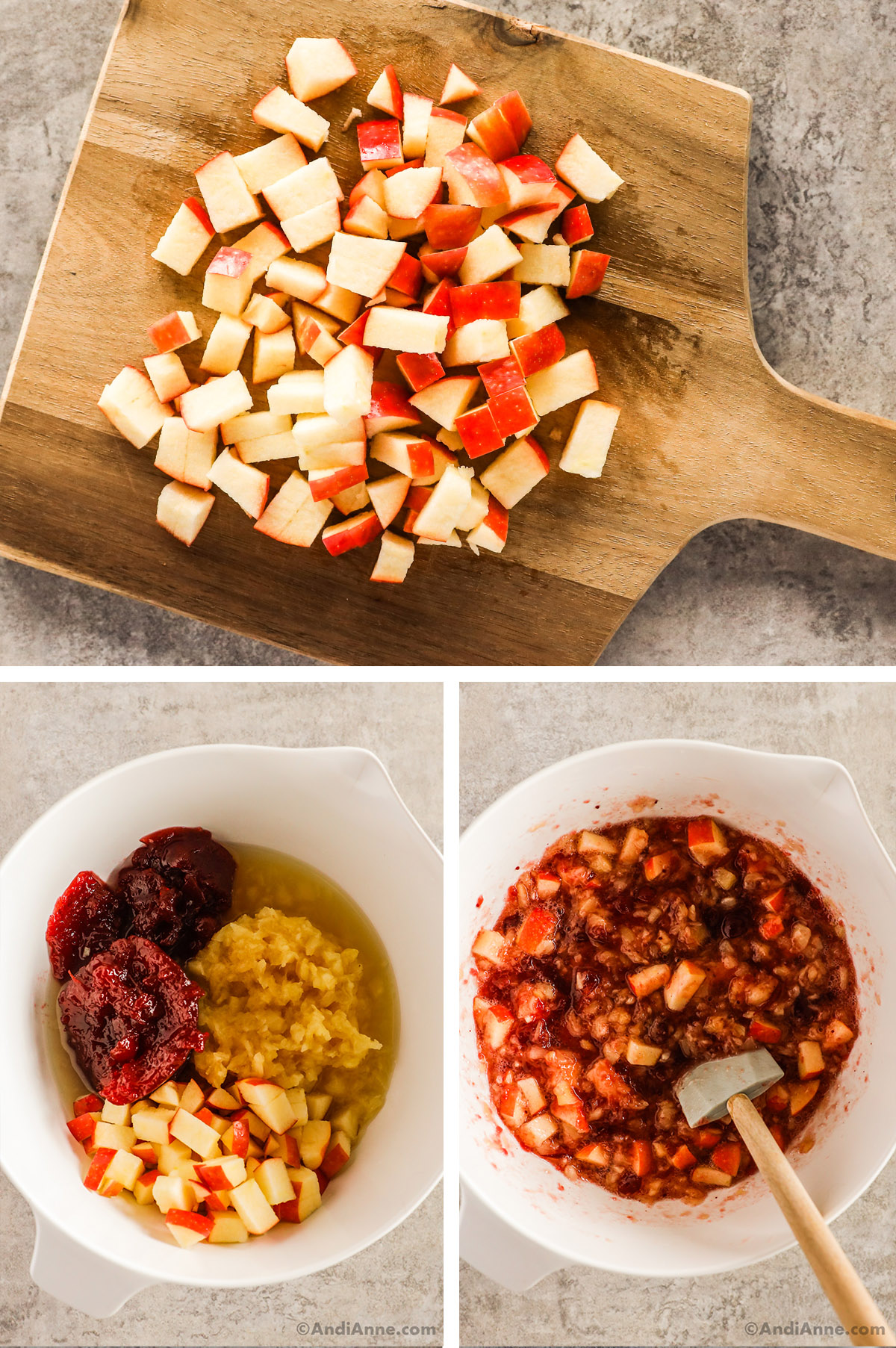 Chopped apple on a cutting board, and a bowl with crushed pineapple, cranberry sauce, chopped apple. Then a bowl of them mixed together.