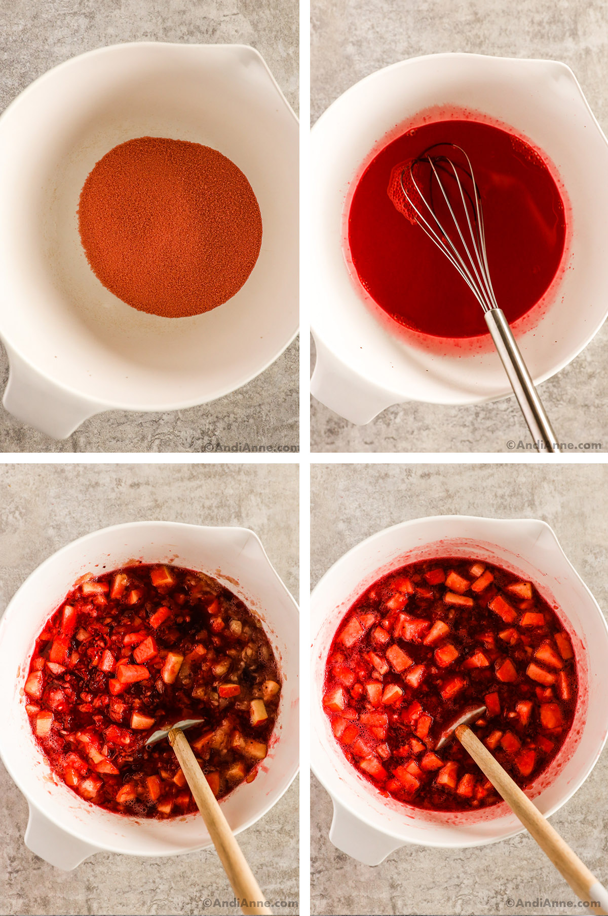 Four images of bowls, first is jello powder, second is red liquid in bowl with a whisk, fourth is chopped apples, pineapple and cranberry sauce. Fourth is cranberry jello salad with chopped apple pieces.