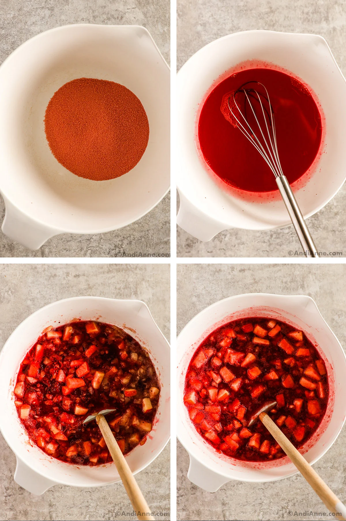 Four images of bowls, first is jello powder, second is red liquid in bowl with a whisk, fourth is chopped apples, pineapple and cranberry sauce. Fourth is cranberry jello salad with chopped apple pieces.