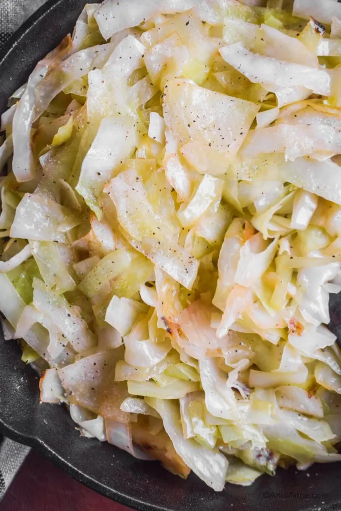 close up of fried cabbage in a skillet.