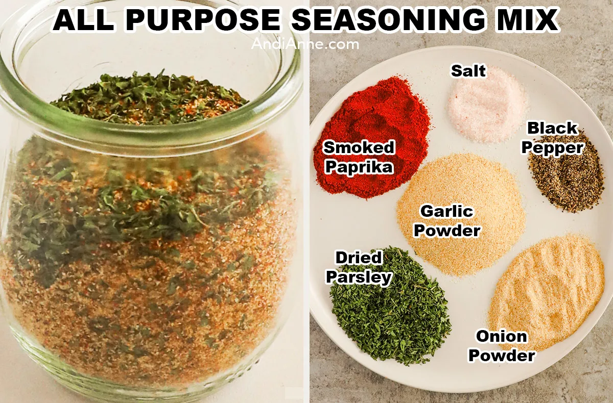 A jar of all purpose seasoning mix and a plate of spice ingredients including smoked paprika, salt, black pepper, garlic powder, dried parsley, and onion powder.