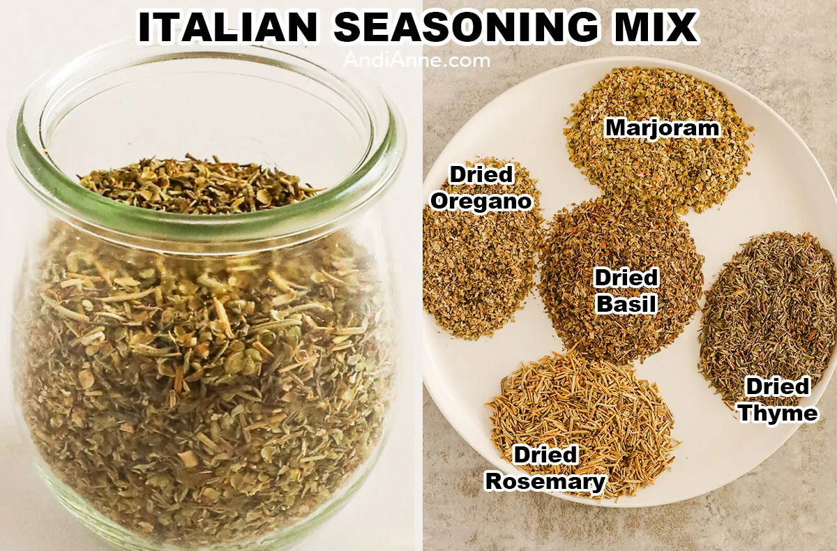 A jar of italian seasoning mix and a plate of spice ingredients including marjoram, dried oregano, dried basil, dried rosemary, and dried thyme.