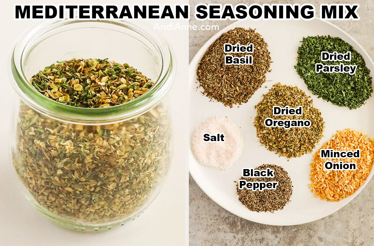 A jar of mediterranean spice mix, and a plate with spice mounds including dried basil, dried parsley, dried oregano, salt, black pepper, minced onion.