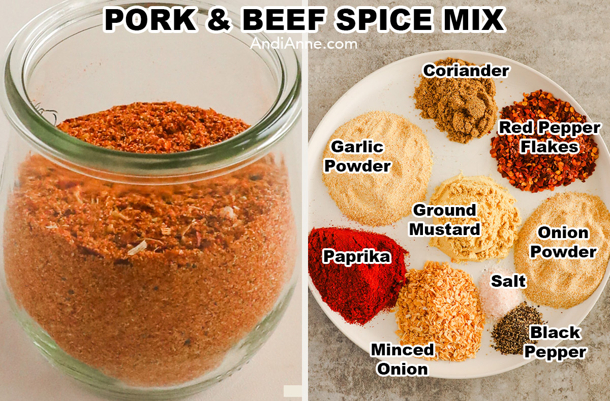 A jar of pork and beef spice mix and a plate of spice ingredients including coriander, garlic powder, red pepper flakes, ground mustard, onion powder, paprika, minced onion, salt and pepper.