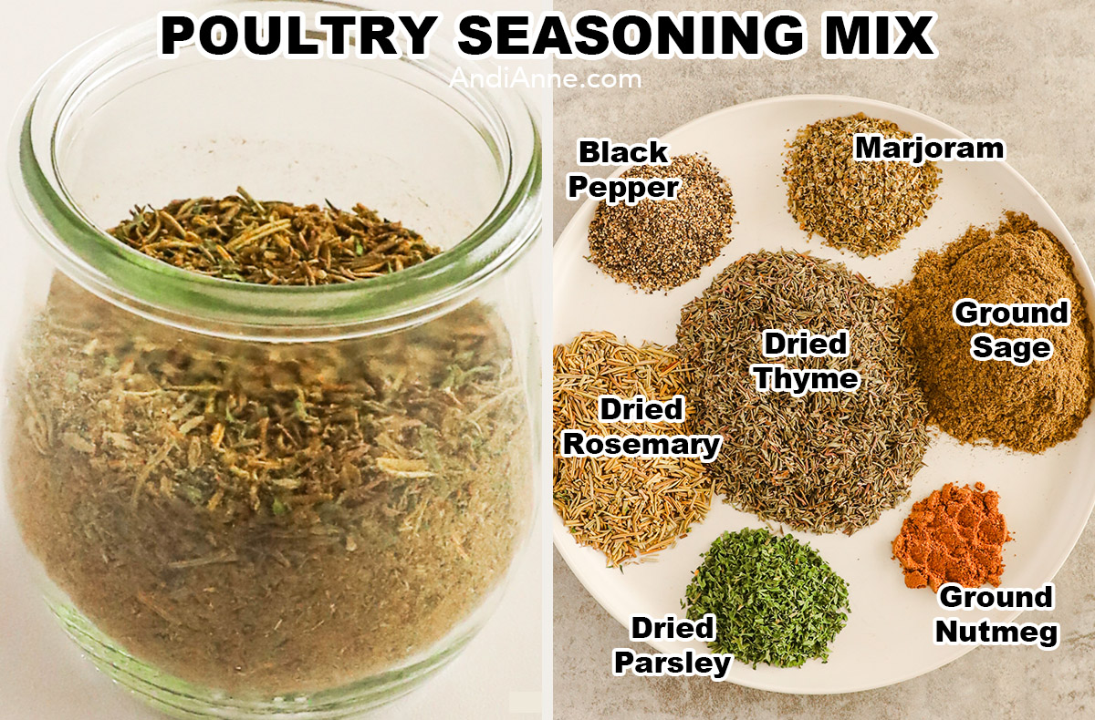 A jar of poultry seasoning mix and a plate of spice ingredients including black pepper, marjoram, dried thyme, dried rosemary, ground sage, dried parsley, and ground nutmeg.