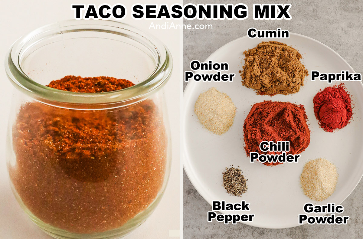 A jar of taco seasoning mix with a plate of spice ingredients including onion powder, cumin, paprika, chili powder, black pepper and garlic powder.