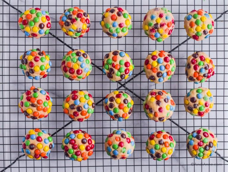M&M cookies on a cooling rack