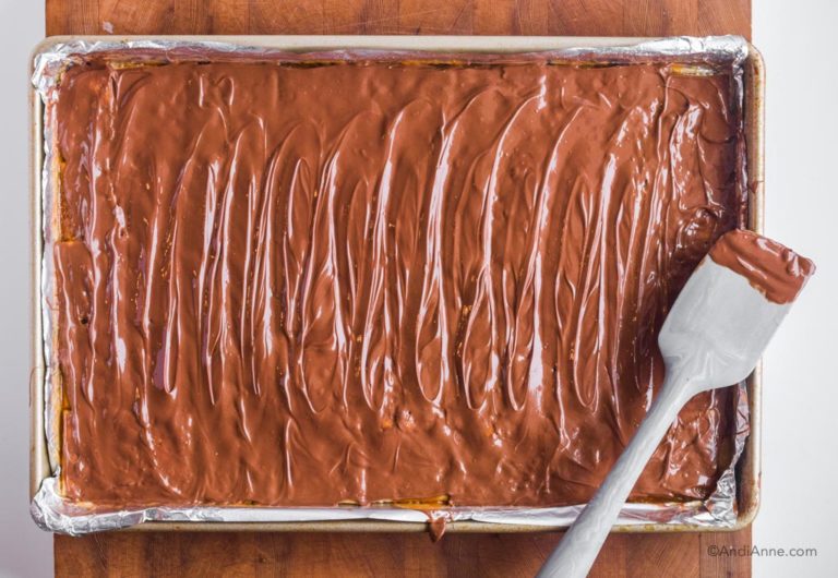 melted chocolate inside baking sheet with grey spatula