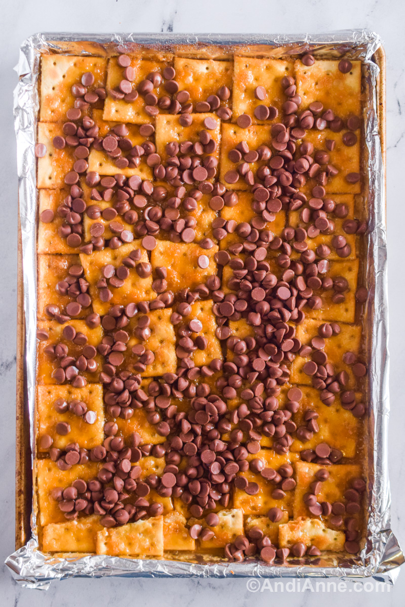 A baking sheet with saltine crackers with toffee and chocolate chips sprinkled on top.