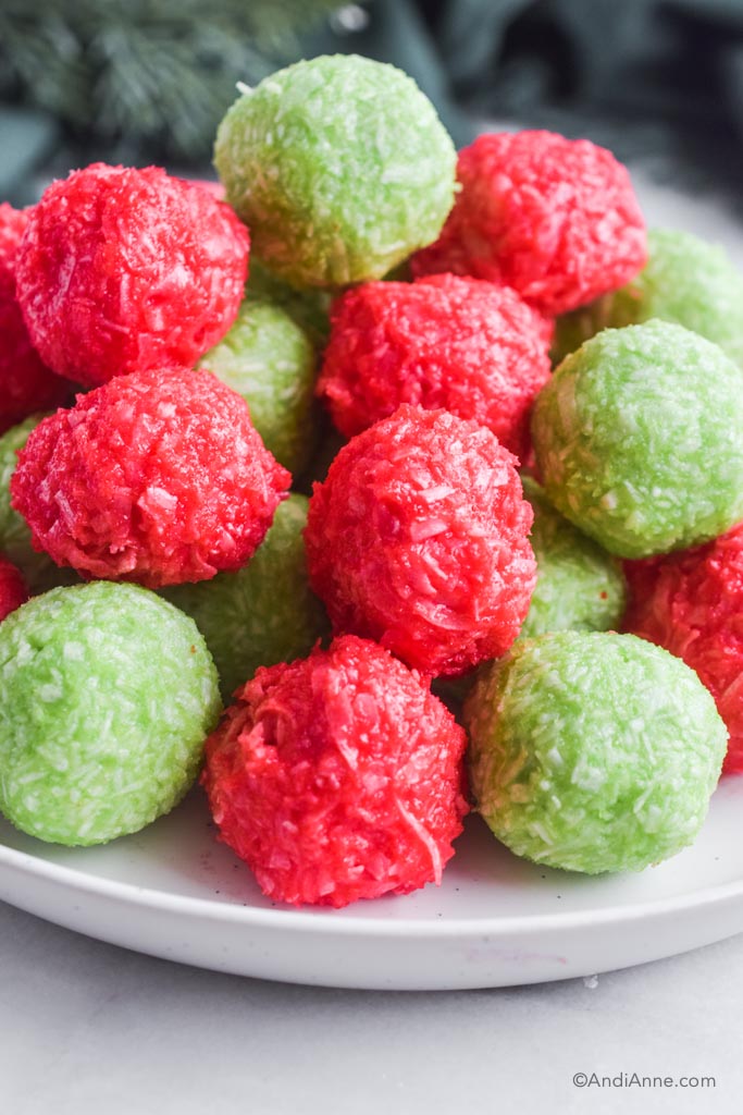 red and green christmas jello balls piled on eachother
