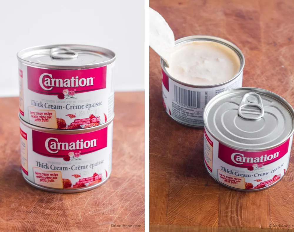 Two cans of carnation thick cream. First image stacked on top of eachother. Second image one can is opened.