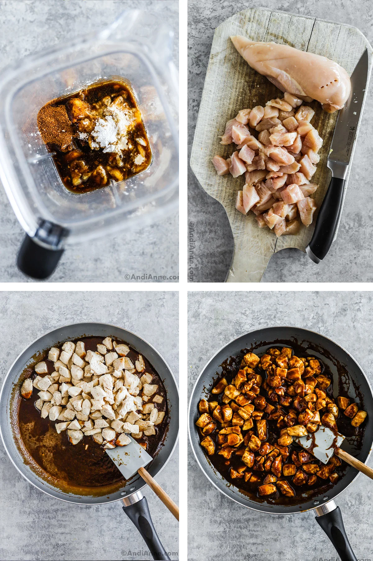 Four images together, first is a blender with liquid ingredients dumped in, second is chopped chicken with a knife on a cutting board, third is cooked chopped chicken dumped over brown sauce in frying pan, fourth is chicken pieces tossed in a brown sauce in frying pan.