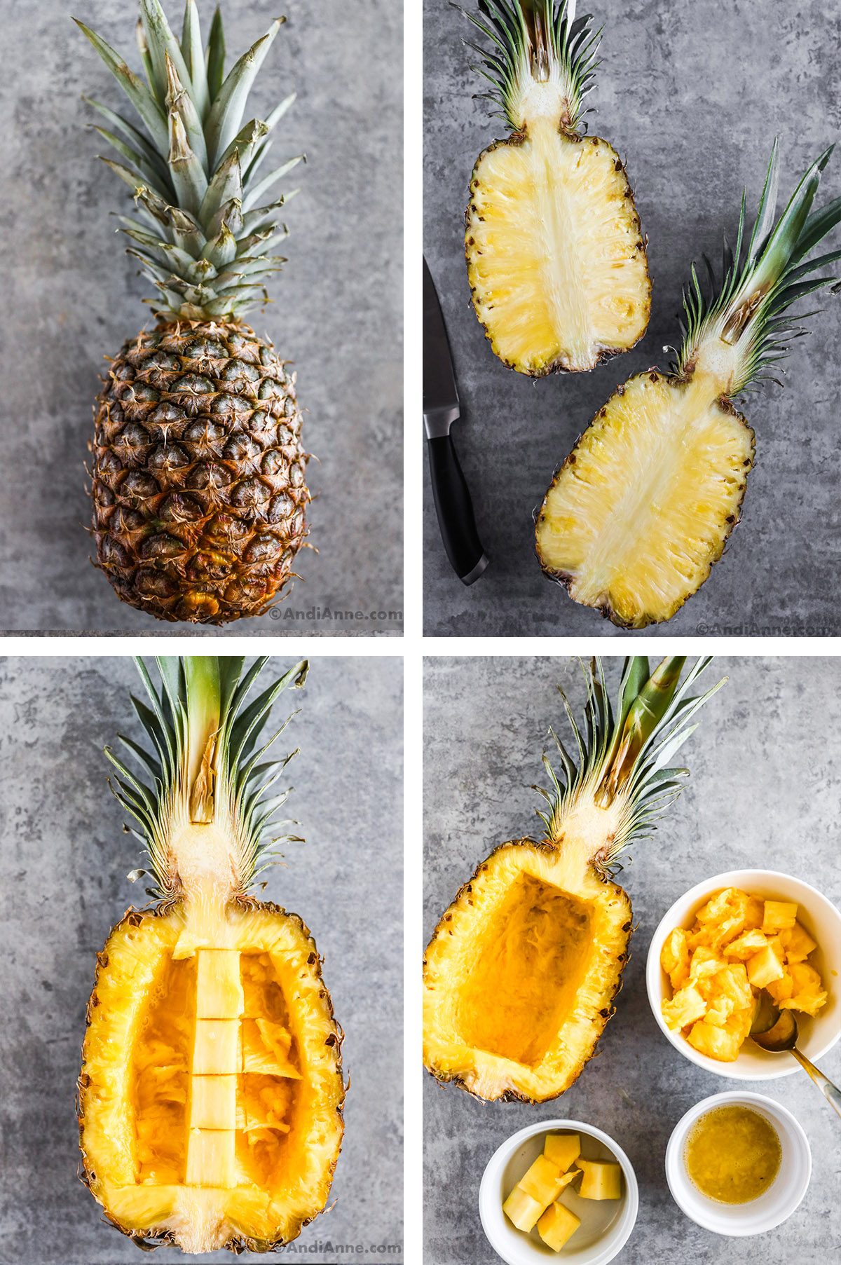 Four images of a pineapple in steps, sliced and scooped to create pineapple boats.