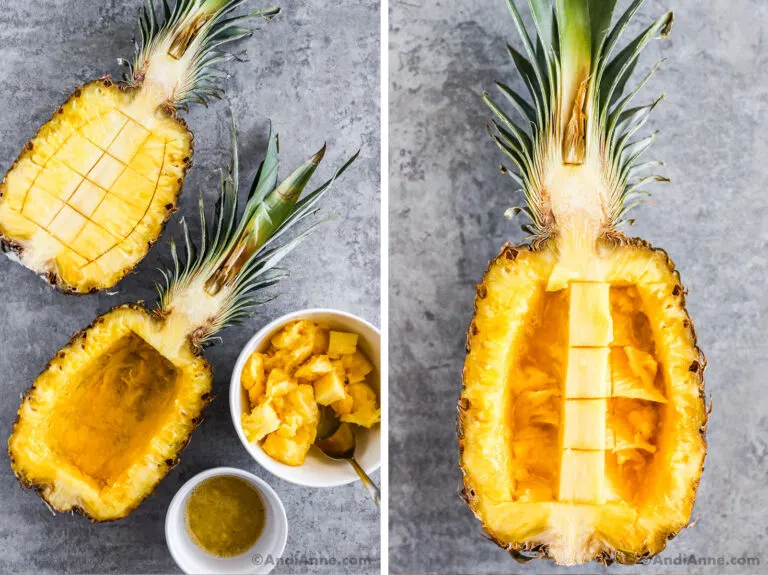 Pineapple sliced in half with chunks taken out to create a pineapple boat.