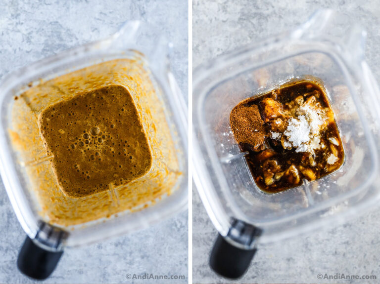 A blender with blended sauce before and after.