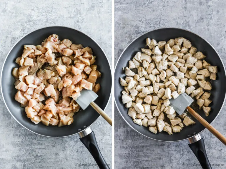 Two images of a frying pan, first with raw chopped chicken pieces, second with cooked chicken pieces.