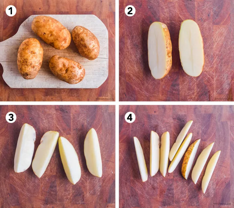 Four pictures. The first is whole russet potatoes, then sliced in half, then sliced into quarters, and sliced into 8 wedges