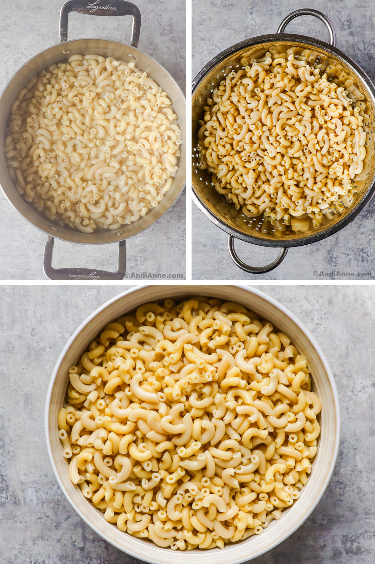 Three images of elbow pasta. First is pot of cooked pasta in water, second is pasta in strainer, last is cooked pasta in large bowl.