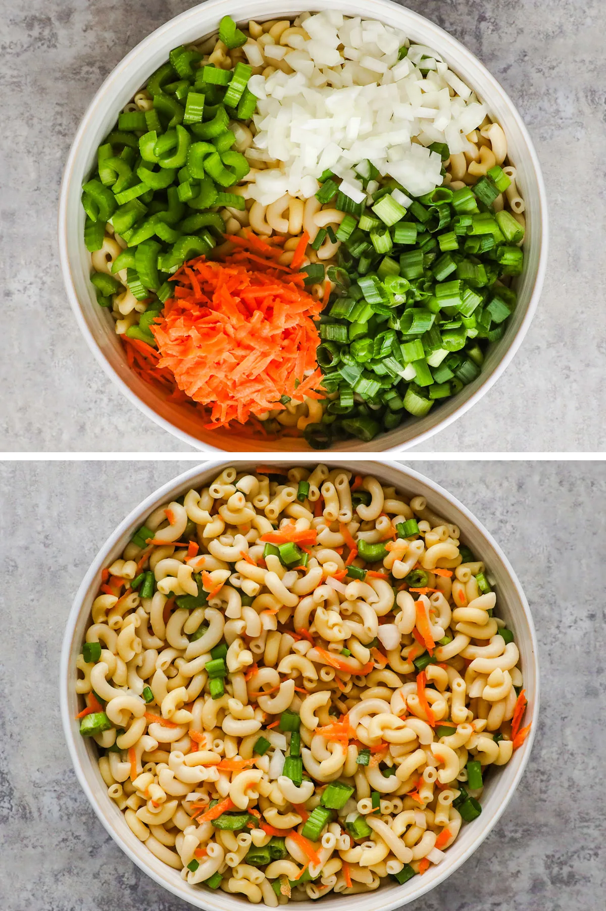 Bowl of shredded carrot, chopped onion, celery, green onion and pasta. First unmixed then mixed together.