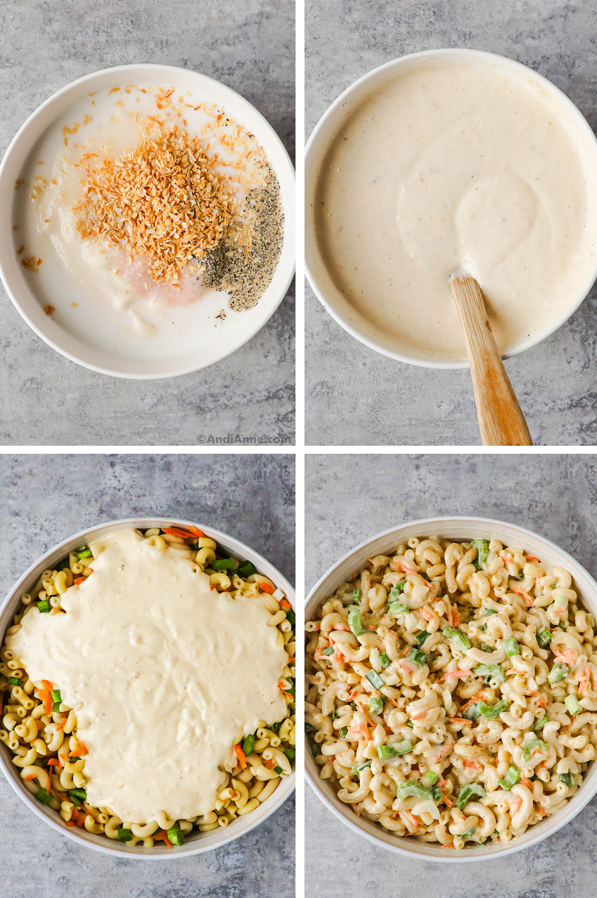 Four images, first is creamy sauce with salt and pepper and dried minced onion on top. Second is creamy sauce mixed together, Third is creamy sauce poured on top of pasta salad. Fourth is creamy hawaiian macaroni salad