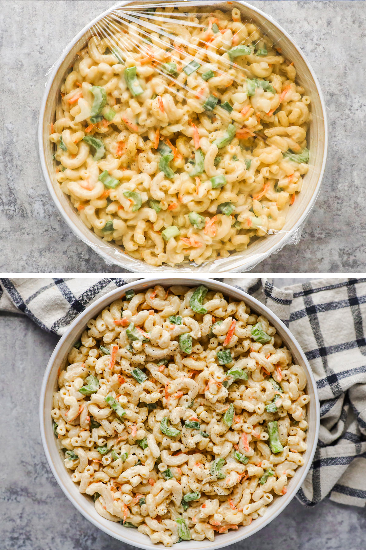 A bowl of plastic covered macaroni salad, and the final creamy macaroni salad in a separate picture.