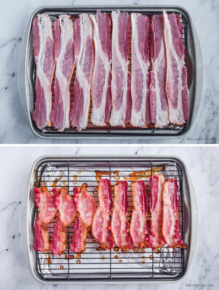 bacon slices on baking rack raw and then cooked