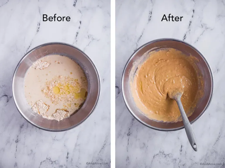 Steel bowl of wet ingredients before, then mixed into a pancake batter after with spatula.