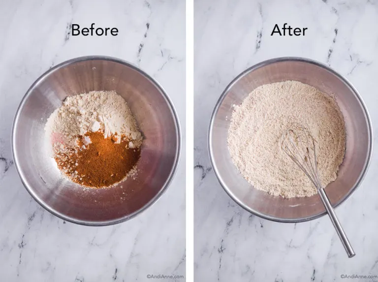 Dry ingredients dumped in steel bowl before, then mixed with a whisk after.